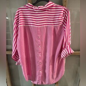 JANE DELANCEY Pink Striped Button-Up Shirt w/pocket,fun flattering fit💕zoom in!